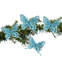 Kerstboomversiering Vlinder - 4x - 14 cm - blauw glitter - op clip - ornament