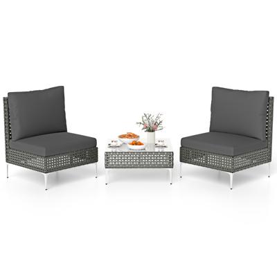3-delig Tuinmeubelset Rattan Balkonmeubelset Met 2 Stoelen Inclusief Zitkussens & Tafel Zitgroep Grijs