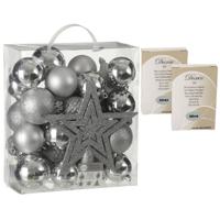 39x stuks kunststof kerstballen en kerstornamenten met ster piek zilver inclusief kerstbalhaakjes - Kerstbal