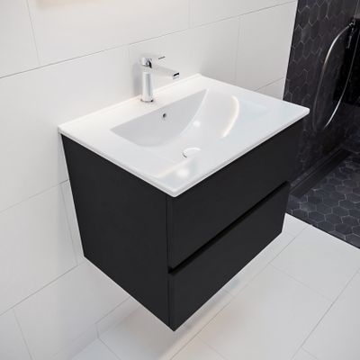 Mondiaz Vica Denia badmeubel zwart mat 60 cm 2 lades keramiek enkele spoelbak midden 1 kraangat