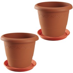 2x stuks bloempot met onderschaal terra cotta rond diameter 50 cm