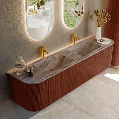 Badmeubel Mondiaz Kurve-Dlux | 180 cm | Meubelkleur Ruby | Wastafelkleur Oza | Solid surface | Wasbak beide zijden spoelbak | 2 kraangaten