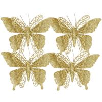 Kerstboomversiering Vlinder - 4x stuks - 16 cm - goud glitter - op clip