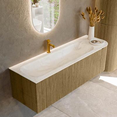 Badmeubel Mondiaz Kurve-Dlux | 145 cm cm | Meubelkleur Dusk | Wastafelkleur Ostra | Solid surface | Wasbak links zijde spoelbak | 1 kraangat