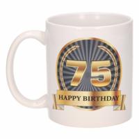 Leeftijd 75 jaar Koffiebeker - Mok - Luxe print in zwart/goud - Wit - verjaardag cadeau - 300 ml