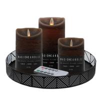 Anna Collection LED kaarsen - 3x stuks - bruin - met rond dienblad - kaarsenbord - D29 cm