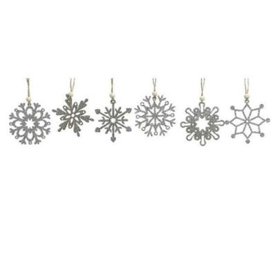 6x Houten sneeuwvlok kersthangers zilver 6 cm