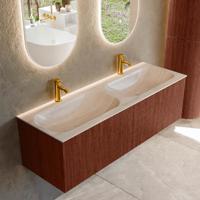 Badmeubel Mondiaz Kurve-Dlux | 140 cm | Meubelkleur Ruby | Wastafelkleur Meli | Solid surface | Wasbak beide zijden spoelbak | 2 kraangaten Badmeubel Mondiaz Kurve-Dlux | 140 cm | Meubelkleur Ruby | Wastafelkleur Meli | Solid surface | Wasbak beide zijden spoelbak | 2 kraangaten