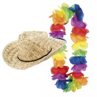 Carnaval verkleed set - Tropische Hawaii party - strohoed - met volle gekleurde bloemenslinger