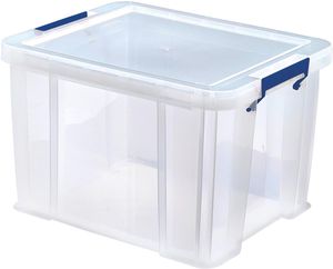 Bankers Box opbergdoos 36 liter, transparant met blauwe handvaten, per stuk verpakt in karton