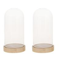 Glazen decoratie stolp op houten plateau - 2x - D10 x H20 cm - Home Deco stolpen - Woonaccessoires