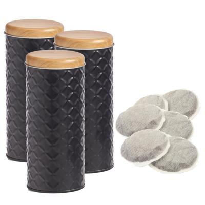 Bewaarblik voor koffiepads - 3x - zwart - metaal - 7,5 x 18 cm - 680 ml - voorraadpot