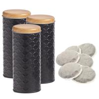 Bewaarblik voor koffiepads - 3x - zwart - metaal - 7,5 x 18 cm - 680 ml - voorraadpot