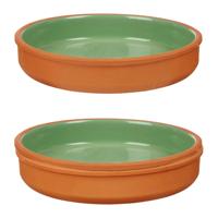 Tapas serveerschaal - 2x stuks - terracotta - groen - D23 x H4 cm - hapjes serveren - ovenschaal - r