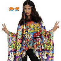 Hippie verkleed set - poncho en bril oranje/blauw - one size - Jaren 60/flower power verkleedkleding