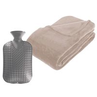 Fleece deken/plaid Beige 230 x 180 cm en een warmwater kruik 2 liter - Plaids