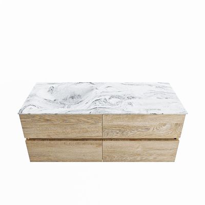 MONDIAZ VICA-DLUX 120cm badmeubel onderkast Washed Oak 4 lades. Inbouw wastafel CLOUD links zonder kraangat, kleur Glace.