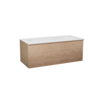 Balmani Forma zwevend badmeubel 120 x 55 cm naturel eiken met Tablo Oval enkele wastafel voor 2 kraangaten in solid surface mat wit, Horizontale symmetrische rechte ribbel