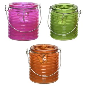 Citronella kaars - 3x - in windlicht - roze/groen en oranje - 20 branduren - citrusgeur