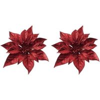 2x Kerstboomversiering bloem op clip rode kerstster 18 cm