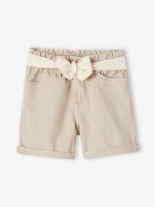 Meisjesshort in paperbag-stijl met ceintuur van katoengaas zandbeige