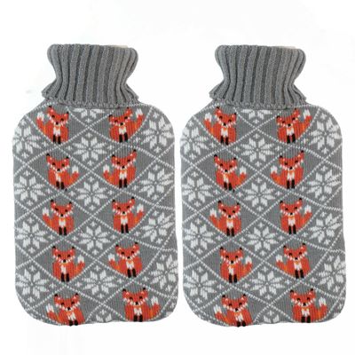 Warmwaterkruiken 2 liter met zachte gebreide vossen print hoes grijs 2x stuks