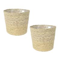 Ter Steege Plantenpot - Set van 3x stuks - beige - gevlochten zeegras - 30 x 26 cm - plastic binnenk