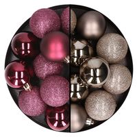 24x stuks kunststof kerstballen mix van aubergine en champagne 6 cm