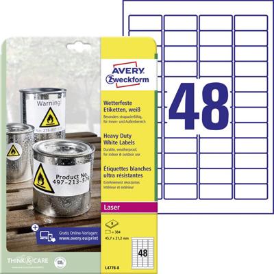 Avery-Zweckform L4778-8 Folie-etiketten 45.7 x 21.2 mm Polyester folie Wit 384 stuk(s) Permanent hechtend Laser (kleur), Laser (zwart/wit), Kopiëren (kleur),
