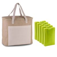 Grote koeltas jute/canvas 20 liter en 38 x 32 x 16 cm met 5x stuks koelelementen groen - Koeltas