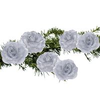 6x stuks decoratie bloemen rozen zilver op clip 9 cm