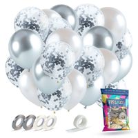 Fissaly® 40 stuks Zilver, Wit & Zilveren Papieren Confetti Helium Latex Ballonnen met Accessoires – Metallic Chrome - thumbnail