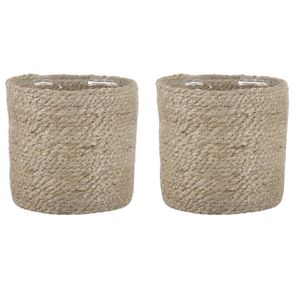 2x stuks naturel rotan planten pot mand van gedraaid jute/riet H16 en D16 cm