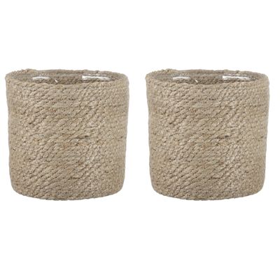 2x stuks naturel rotan planten pot mand van gedraaid jute/riet H16 en D16 cm