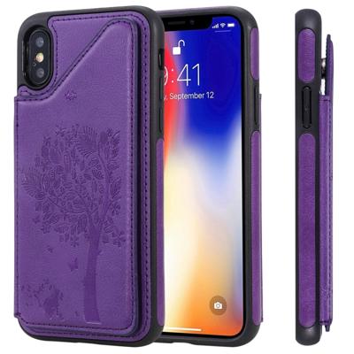 Voor iPhone XS kat boom reliëf patroon schokbestendige beschermhoes met kaartsleuven & fotolijstjes (paars)