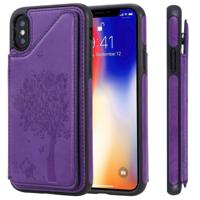 Voor iPhone XS kat boom reliëf patroon schokbestendige beschermhoes met kaartsleuven & fotolijstjes (paars)