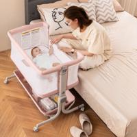 3 in 1 Bedside Crib Reisbed Baby met Matras Babybed 6-voudig in Hoogte Verstelbaar met Opbergmand Roze