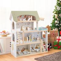 Kinderen Houten Poppenhuis met 33 Meubels DIY Speelhuis met Balkon & Zwembad Poppenhuis Lichtgroen
