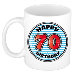 Verjaardag cadeau mok - 70 jaar - blauw - gestreept - 300 ml - keramiek