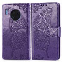 Voor Huawei mate 30 Pro Butterfly Love Flower reliëf horizontale Flip lederen draagtas met beugel/kaartsleuf/portemonnee/Lanyard (donker paars)