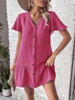 Loose Casual V Neck Cotton Dress With No - thumbnail