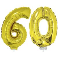 60 jaar leeftijd feestartikelen - versiering cijfers - ballonnen op stokje - van 41 cm - goud