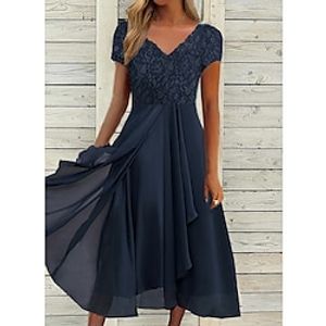 Dames Feestjurk Chiffon jurk Formele jurk Halflange jurk Marineblauw Korte mouw Bloemig Met ruches Lente Zomer V-hals Vakantie Bruiloft gast Afspraakje Vakantie 2023 S M L XL XXL 3XL Lightinthebox