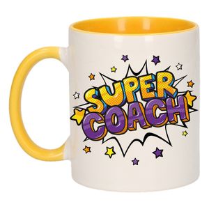 Super coach bedank mok / cadeaubeker wit / geel met sterren 300 ml   -