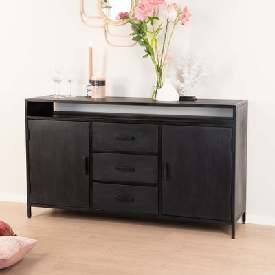 Livingfurn Dressoir 'Kala' 150cm met open vak, Mangohout, kleur zwart