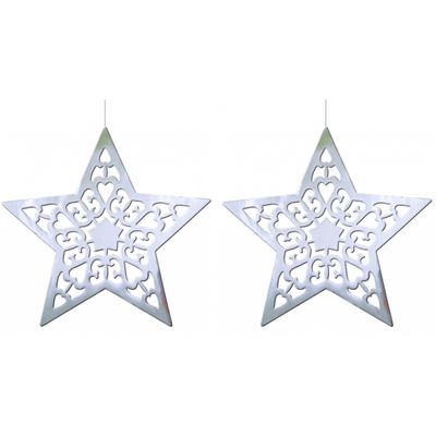 2x stuks hangdecoratie kerstster zilver 50 cm