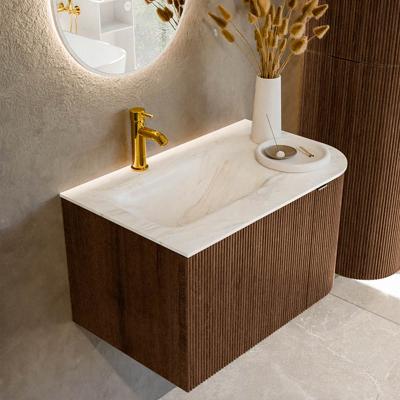 Badmeubel Mondiaz Kurve-Dlux | 75 cm | Meubelkleur Walnut | Wastafelkleur Ostra | Solid surface | Links spoelbak | 1 kraangat