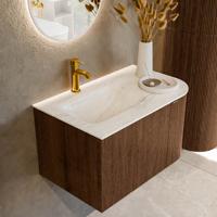 Badmeubel Mondiaz Kurve-Dlux | 75 cm | Meubelkleur Walnut | Wastafelkleur Ostra | Solid surface | Links spoelbak | 1 kraangat