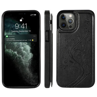 iPhone 15 Pro Max hoesje - Backcover - Pasjeshouder - Portemonnee - Bloemenprint - Kunstleer - Zwart - thumbnail