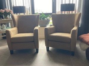 Set van 2 leren oorfauteuils met houten poten - bruin leer - Echt leer, Landelijk, ontdek de vele Leersoorten en Kleuren bij ShopX